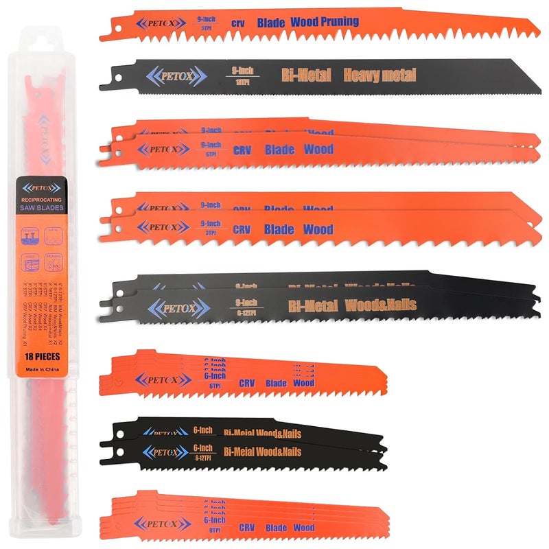 PETOX 18-Piece Reciprocating Saw Blades Set, Metal Wood Plastic Cutting Saw Blades with Organizer Case, fit DeWalt Bosch Makita Milwaukee Porter-Cable Ryobi Ridgid Black&Decker Skil Craftsman Sawsall - Image 1